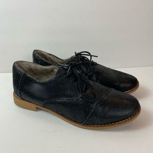 Toms Size 8.5 Black Metallic Crackle Leather Brogue Oxford Dress Shoes Lace Up